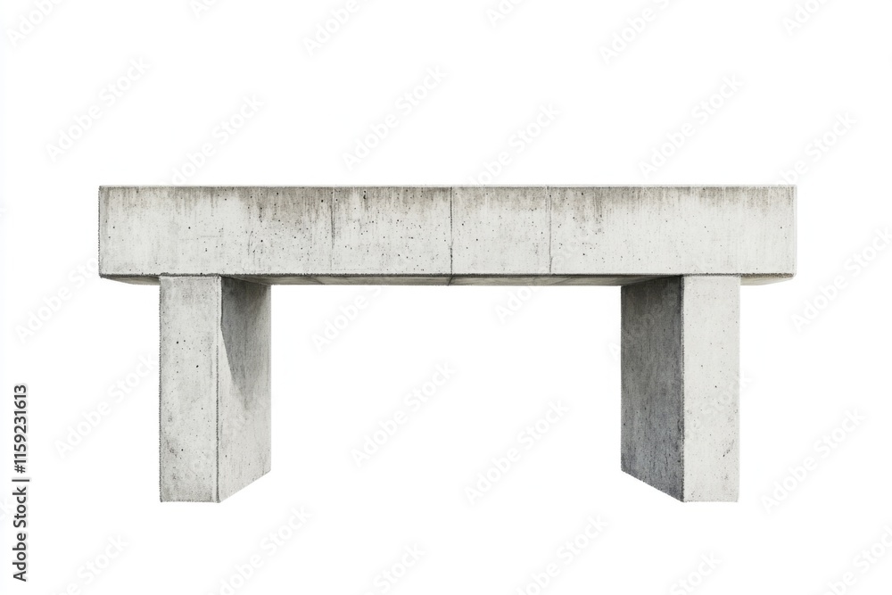 Poster a simple concrete bench sitting on a clean white floor, suitable for interior design or architecture