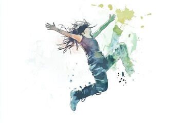 A woman leaping with her arms spread wide, frozen in mid-air