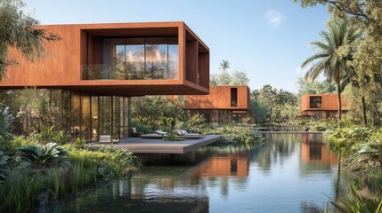 Obraz premium Modern architectural design featuring floating houses surrounded by lush greenery.