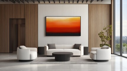 Modern living room with minimalist furniture and abstract art.