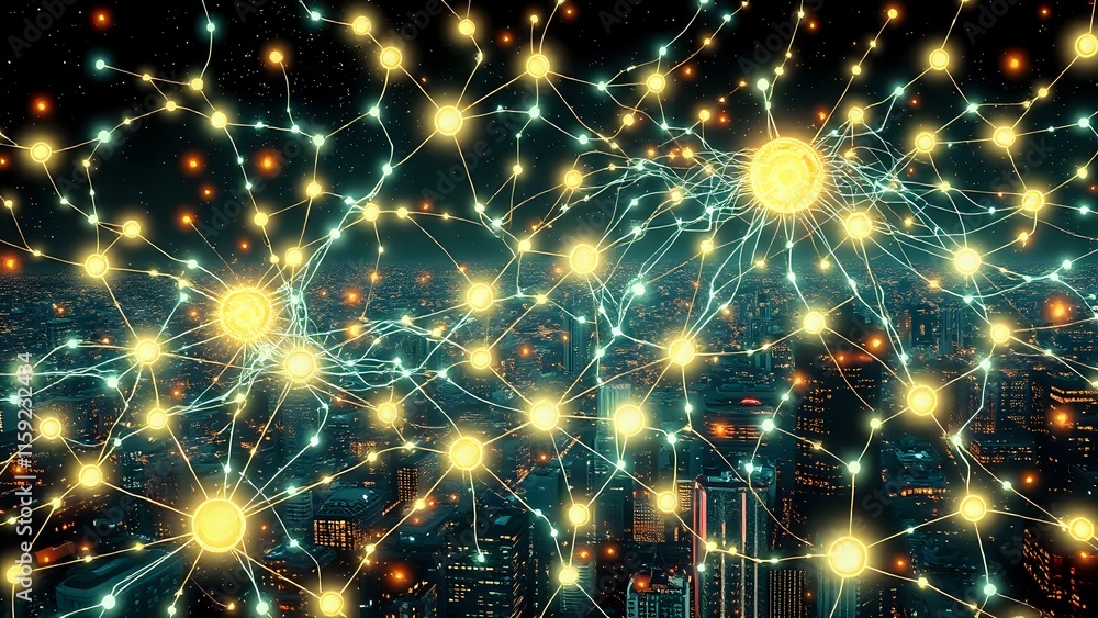 Aufkleber dynamic cybernetic cityscape with glowing neural network