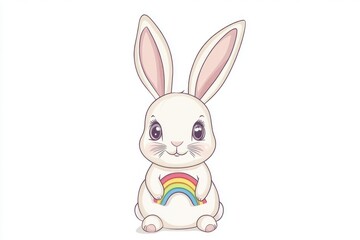 A whimsical illustration of a white rabbit holding a colorful rainbow in its paws, perfect for children's stories or illustrations
