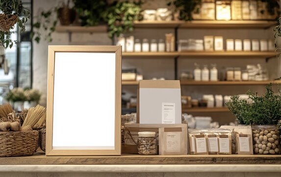 Blank white poster framed in natural wood, set against an image of a product packaging design, showcasing how effective branding can make a product stand out on the shelf