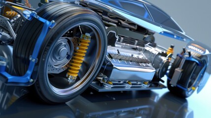 Fototapeta premium A high-tech electrical car parts overview, featuring advanced charging systems,