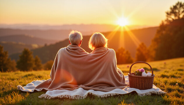 Retired people traveling Senior couple enjoying sunset picnic with blanket on hillside