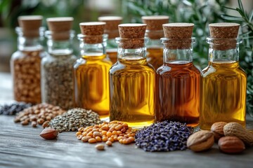 A collection of glass bottles filled with different types of oils, great for use as a decorative element or as a visual representation of various products