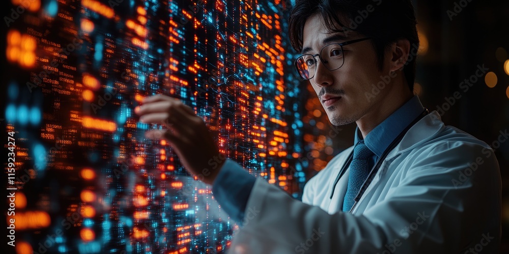 Aufkleber A person in a lab coat examines a computer screen, likely reviewing data or analyzing information
