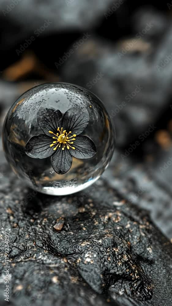 Poster delicate flower encapsulated in a crystal sphere resting on textured dark surface