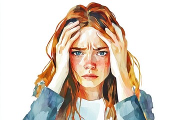 A woman is holding her head in her hands, possibly experiencing a headache or migraine