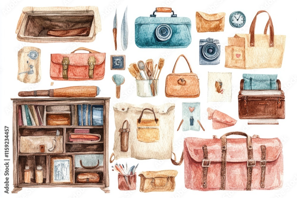 Poster A set of colorful watercolor illustrations featuring different objects and designs