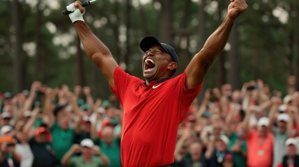 A joyful golf victory moment, with a player celebrating a winning putt,