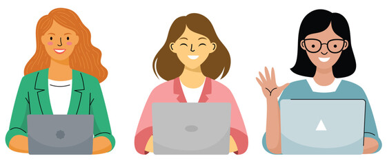 Cartoon illustration of three happy women working together on laptops, symbolizing teamwork and productivity. Vector Art & Illustration