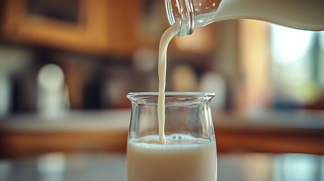 9. A close-up of milk being poured into a baby bottle with a blurred background of a kitchen