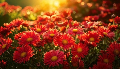 background of fresh red daisys with sunlight filtering through