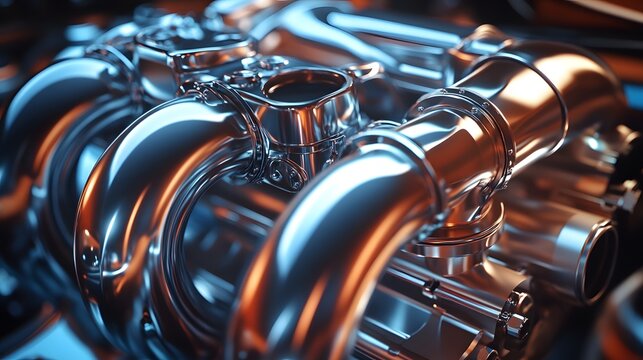 Polished Metal Engine Manifold Close Up Detail