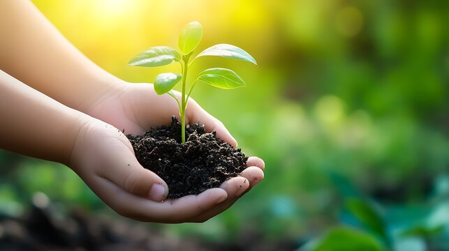 5. A child&acirc;&euro;&trade;s hands holding a tiny tree sapling with soil, with a soft, sunny garden background