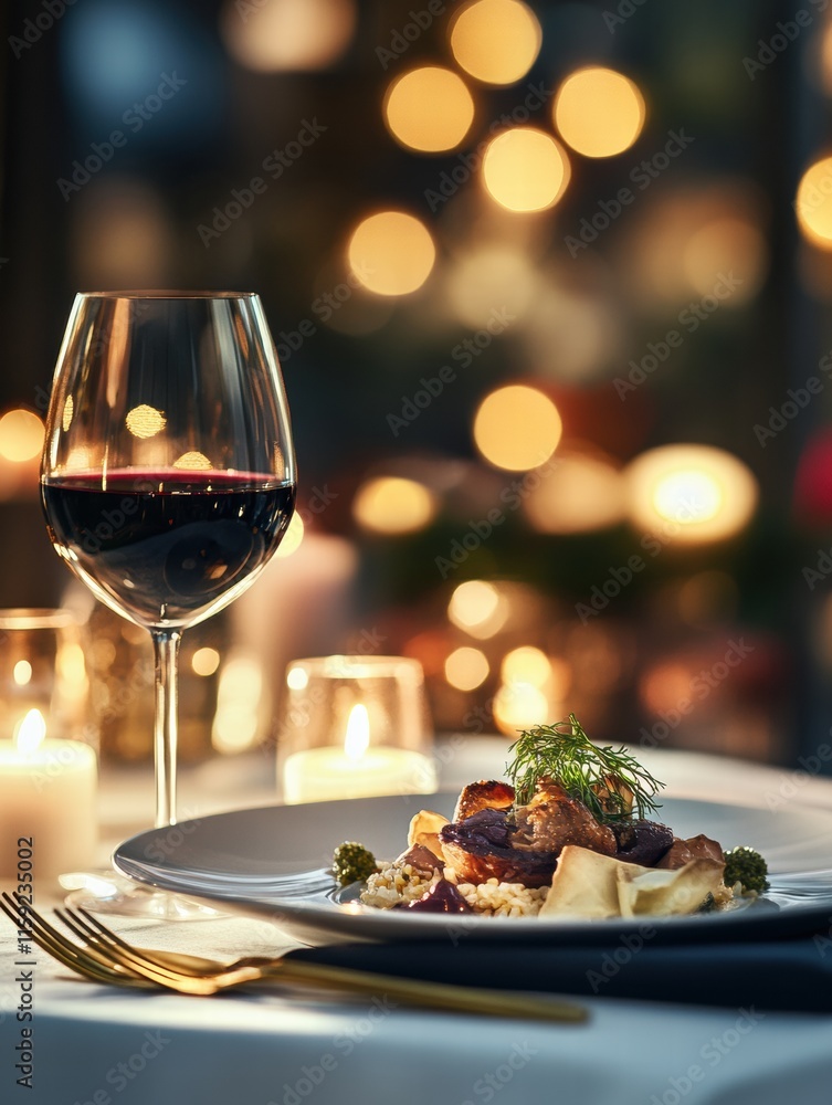 Poster luxurious dining experience featuring gourmet dish and fine wine in an elegant setting at night. gen