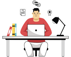 Man working at a desk with a laptop, books, and a lamp, symbolizing productivity and achievement. Vector Art & Illustration