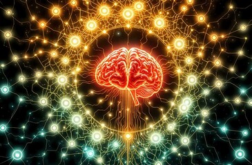 Radiant Brainwave Network - Bioluminescent Cybernetic Art Nouveau