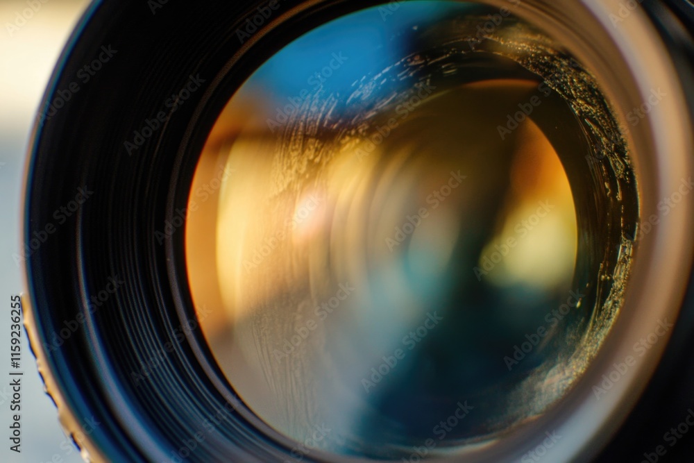 Poster a close-up shot of a camera lens with a blurry background, ideal for use in photography or technolog
