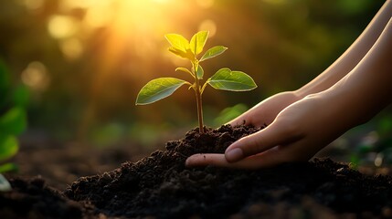 Fototapeta premium 13. Close-up shot of hands supporting a tiny tree sapling growing in rich, dark soil with soft light