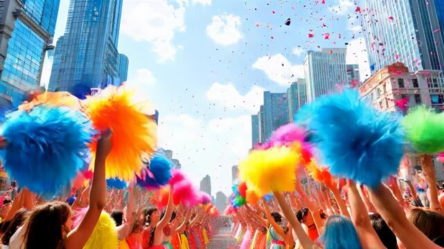 A vibrant celebration with colorful pom-poms and joyful people in a city setting under a bright blue sky.