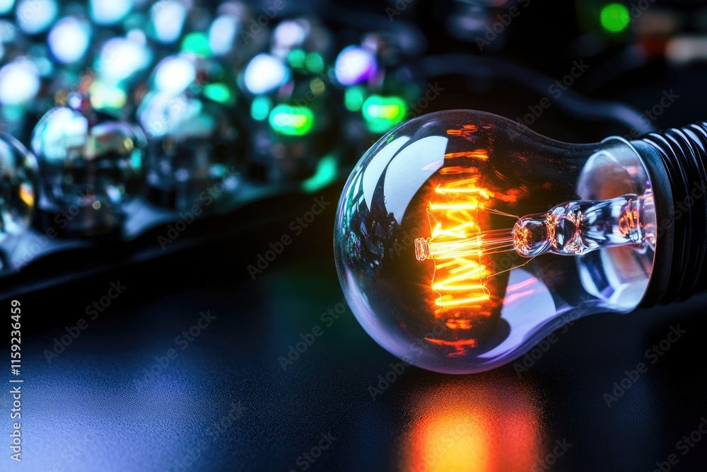 Poster A single light bulb sitting on a desk next to a keyboard, ready for use