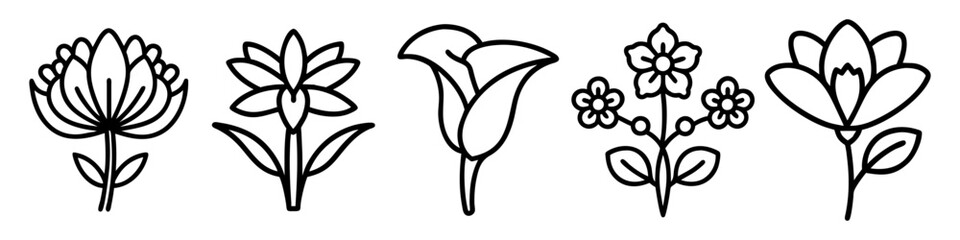 Minimalist Flower Icon Set in Line Art - A collection of minimalist line art flower icons featuring various floral designs with intricate yet simple outlines.

