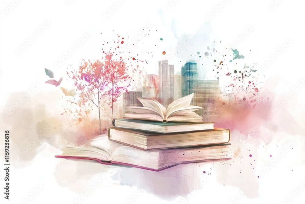 Poster a single open book resting on top of a stack of closed books, providing a sense of knowledge and lea