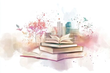 A single open book resting on top of a stack of closed books, providing a sense of knowledge and learning