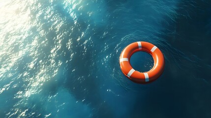 A lone orange lifebuoy floats in the calm blue sea, a symbol of hope and safety.