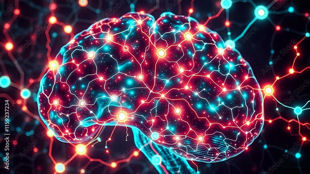 Poster abstract bioluminescent brainwave neural network - art nouveau cybernetic brain in space
