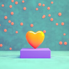 valentine intimacy spark concept. A colorful heart sculpture on a purple pedestal against a playful backdrop of floating circles.