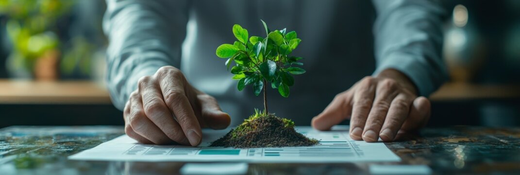 A pair of hands presents a small tree on top of a financial document, suggesting the integration of sustainability with monetary and financial concepts.