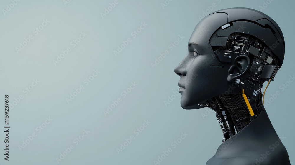 Poster ai robot with exposed mechanical components in profile view
