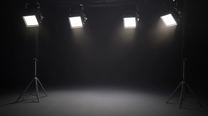 A dimly lit studio space with three bright light on stands, ready for a photoshoot or filming.