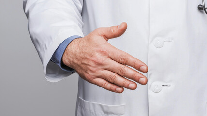 Doctor extending hand for handshake, symbolizing trust and care