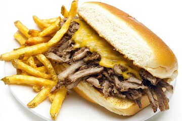 Freshly prepared meal with a sandwich and French fries on a clean white plate, perfect for a casual dinner or snack