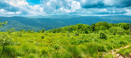 Bieszczady góra góry połoniny las drzewa dolina niebo chmury wiosna lato © Dariusz