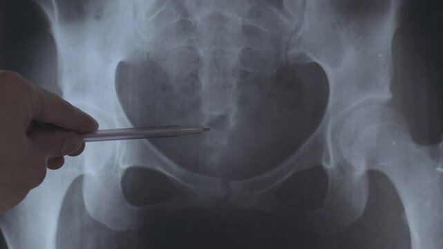 Doctor learn X-ray image of big hernia in pelvic spine. Orthopedic treatment. Diagnostic, human health care. 4k footage.