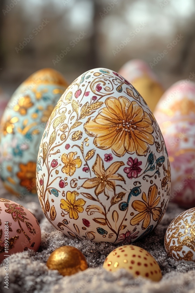 Poster a collection of decorated eggs displayed on a surface