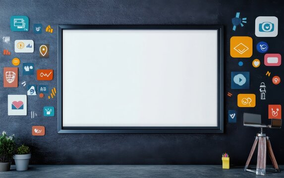 Blank white poster framed in sleek silver, set against an image of a digital marketing campaign with vibrant social media posts, hashtags, and engagement metrics