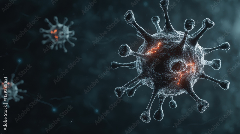 Poster microscopic view of virus with glowing neural network details