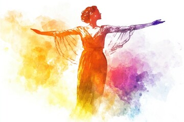 Obraz premium A woman stands with her arms outstretched, wearing a long dress