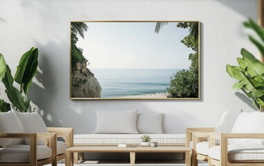Fototapeta premium White canvas framed in polished brass, displayed with an image of a large outdoor ad for a health and wellness brand, with clean design elements, nature imagery, and motivational messaging