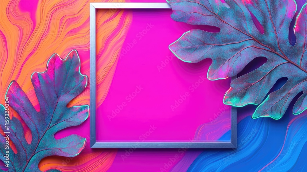 Poster oak leaves abstract background idea. vibrant abstract background with a blank frame and tropical lea