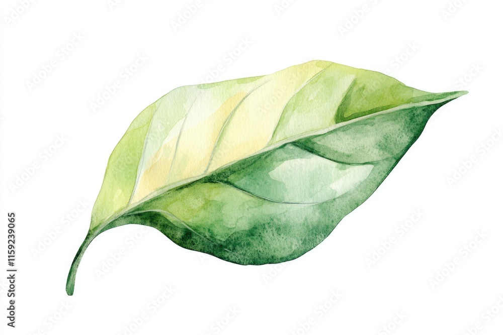 Poster a single watercolor painted leaf on a plain white background, ideal for use in editorial or commerci