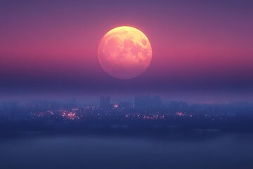 Large orange moon over a hazy city skyline at night