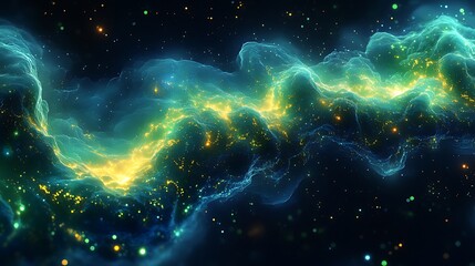 Obraz premium Abstract cosmic nebula with glowing gas and dust clouds in teal, yellow, and gold.