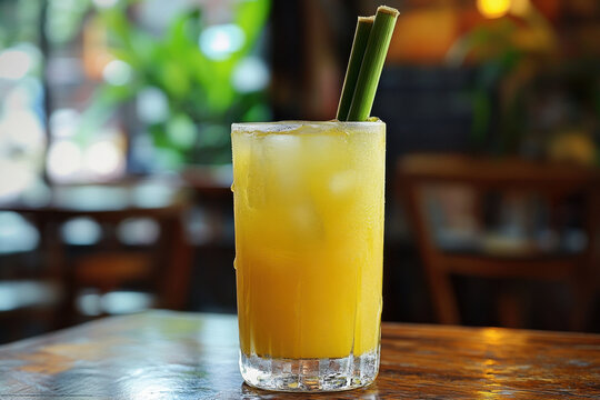 Fresh sugar cane juice on blurred background. Iced sugarcane drink or Es Tebu on table. Generated AI